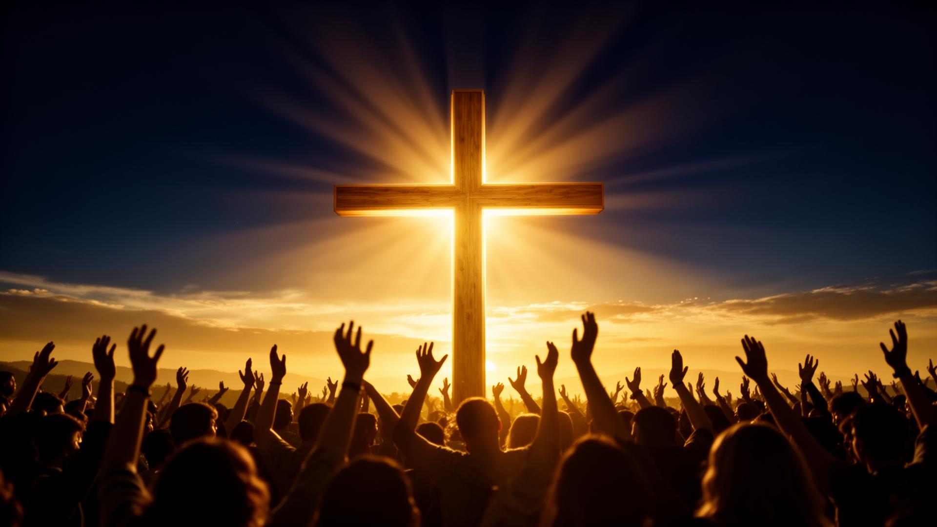 Cross at sunset with congregation raising hands